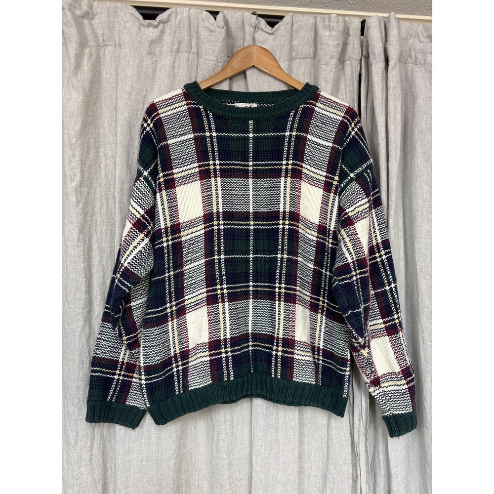 Northern Reflections Plaid Sweater Womens L Green Excellent Cotton Crew Neck
